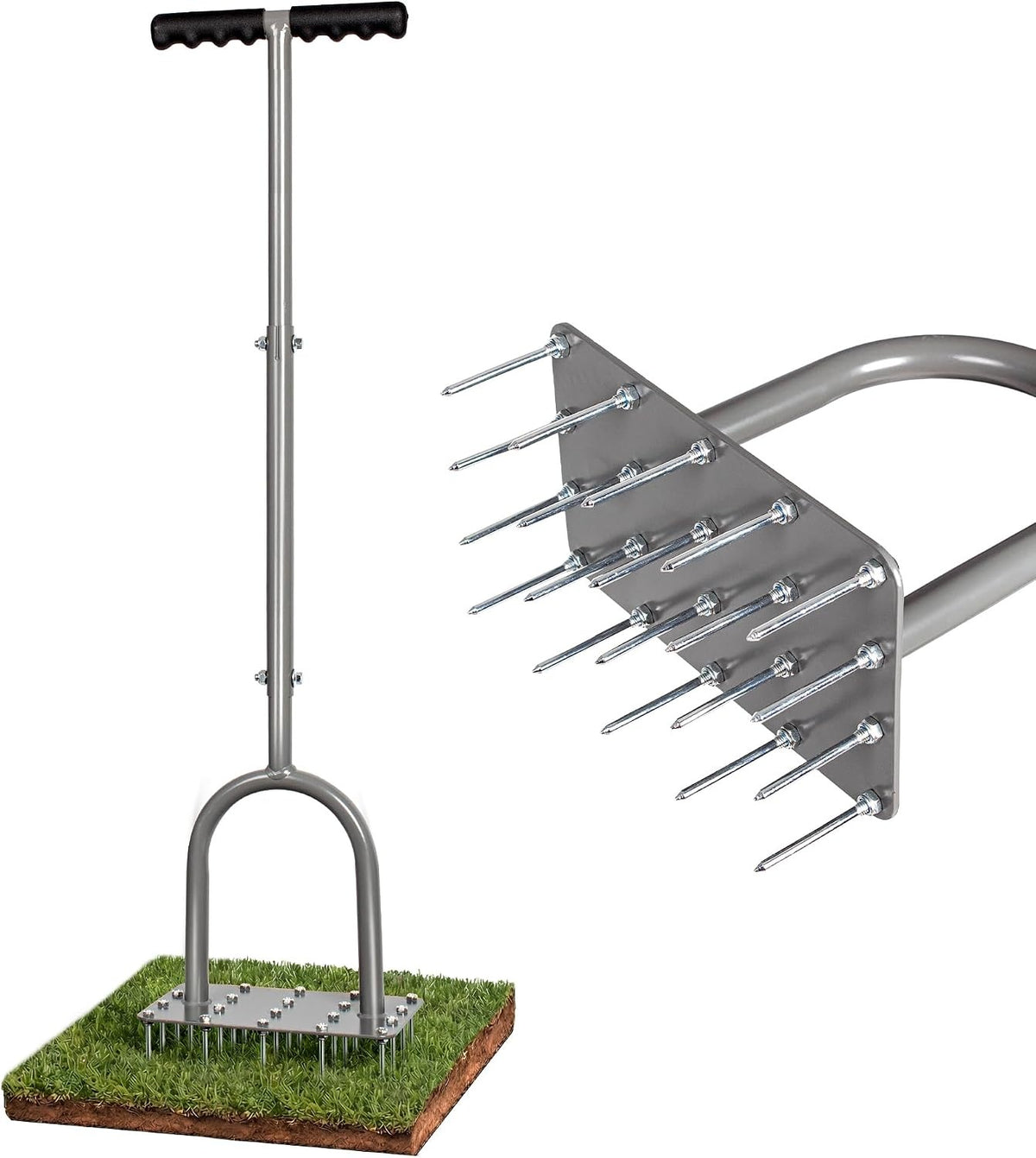 Greenhaus Gardening Manual Lawn Aerator with 15 Iron Spikes and Cushioned T-Handle