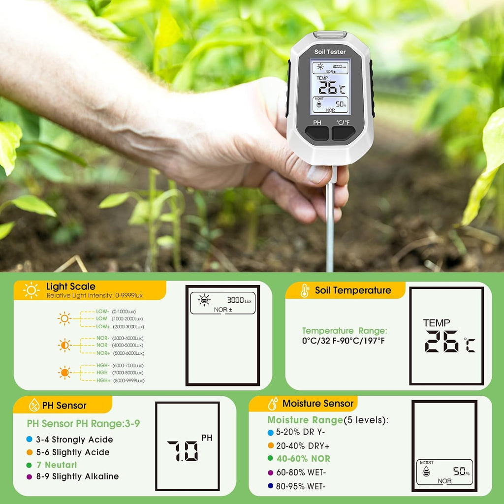 Greenhaus Gardening 4-in-1 Digital Soil Tester with LCD Display, pH, Moisture, Temperature & Light Meter