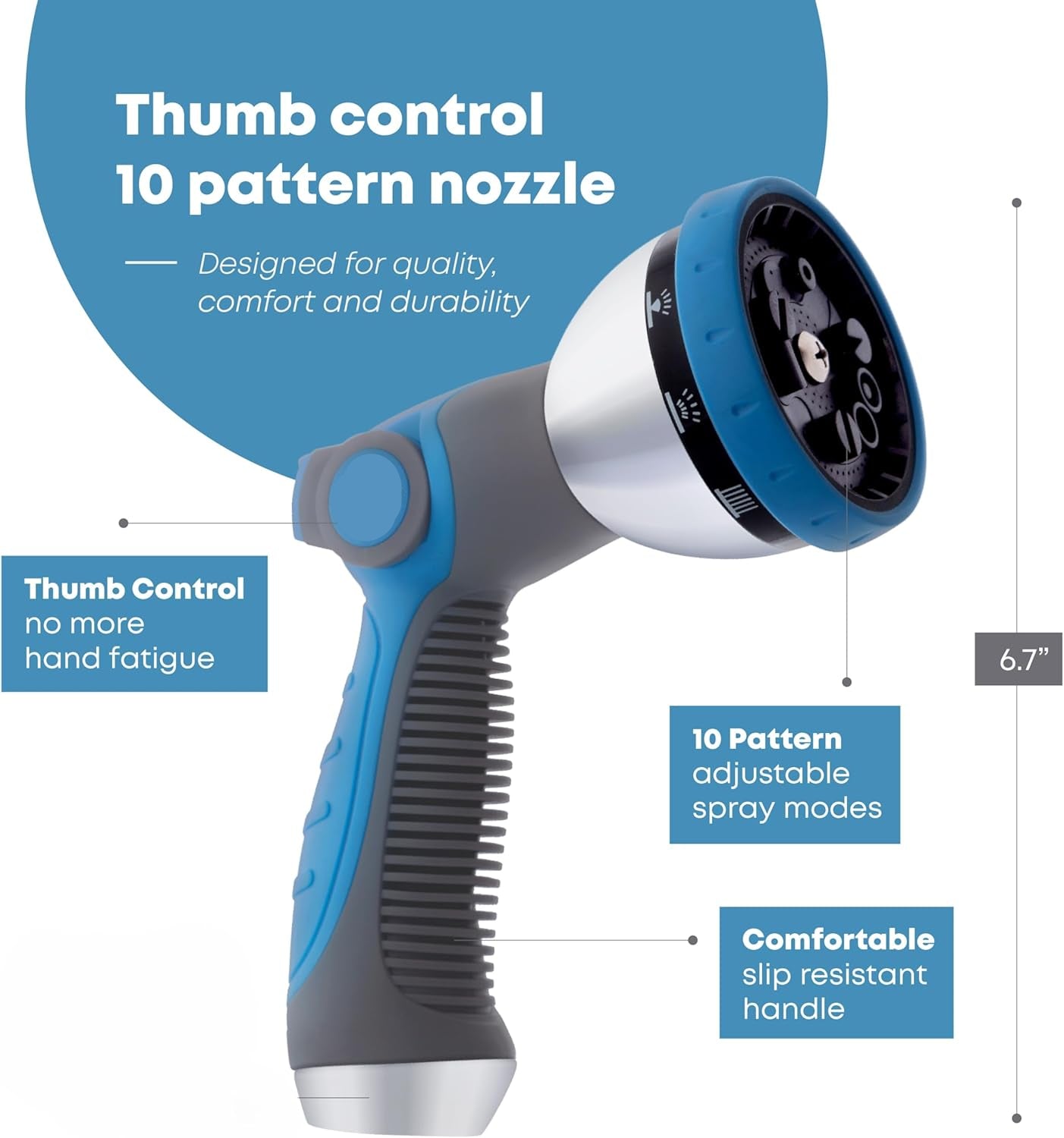Greenhaus Gardening Thumb Control Garden Hose Nozzle with 10 Spray Patterns
