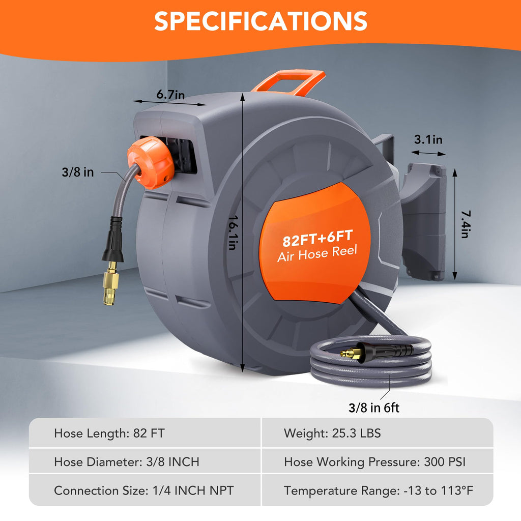 Greenhaus Gardening 82 ft Retractable Air Hose Reel with Auto Rewind & 180° Swivel Bracket