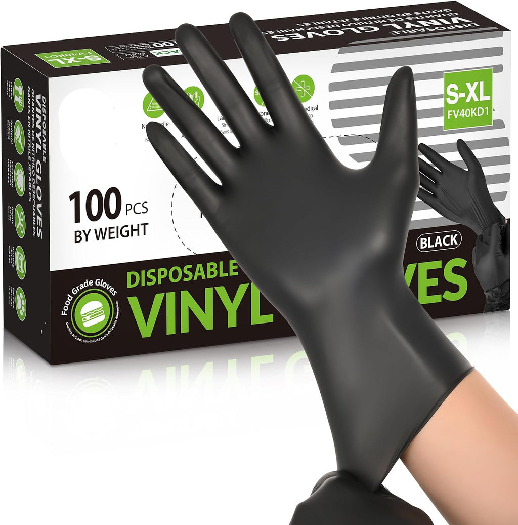 Greenhaus Gardening Black Disposable Vinyl Gloves, Food Grade, Latex-Free & Powder-Free