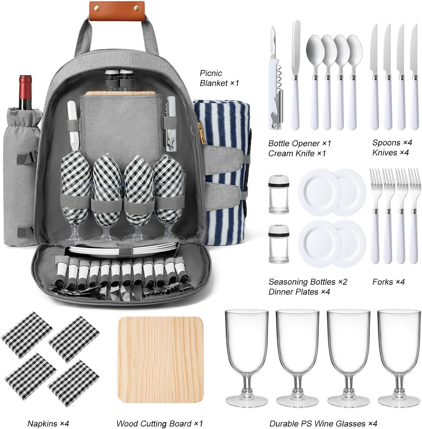 Greenhaus Gardening Deluxe Picnic Backpack Set for 4 People