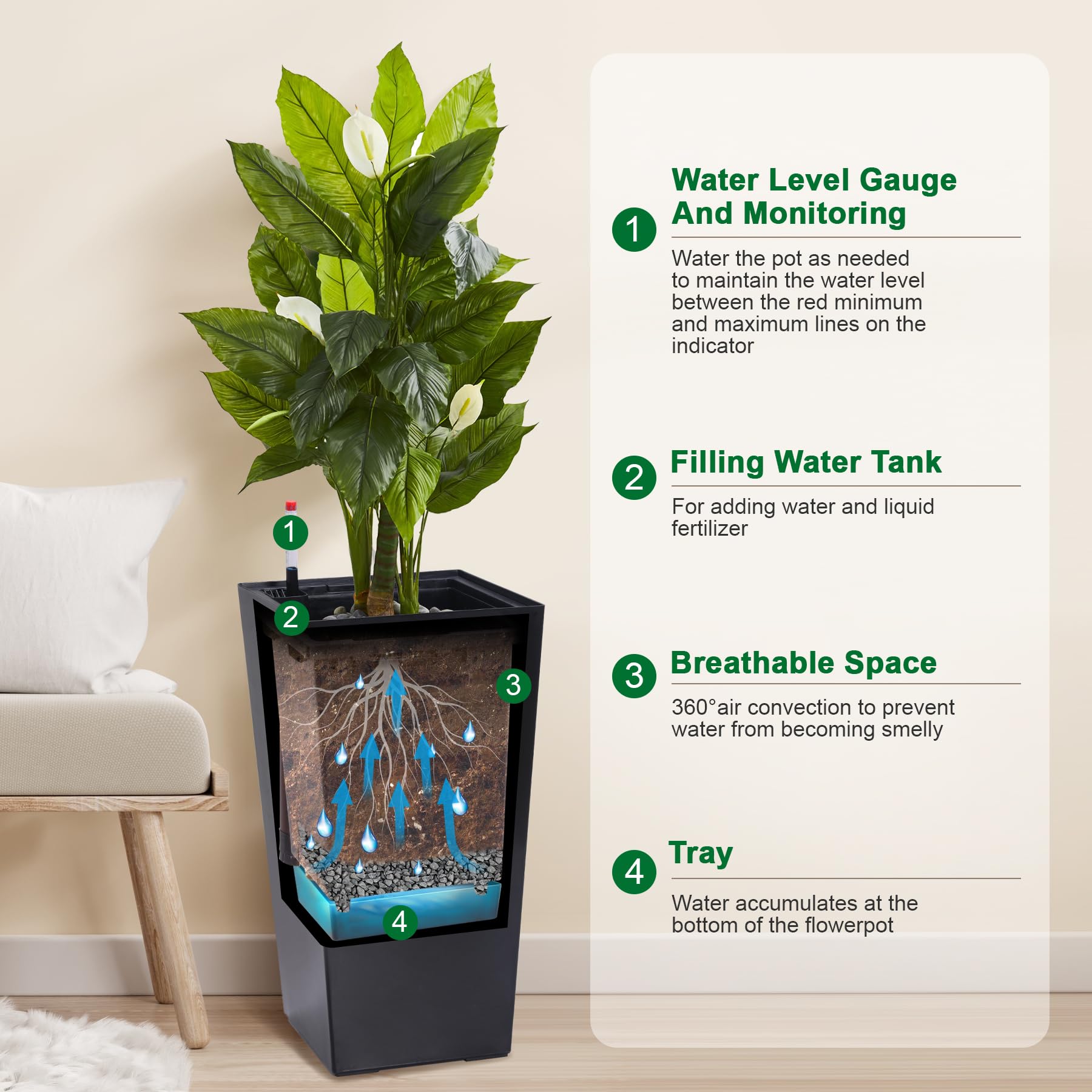 Greenhaus Gardening 23-Inch Self-Watering Tall Planters Set of 2