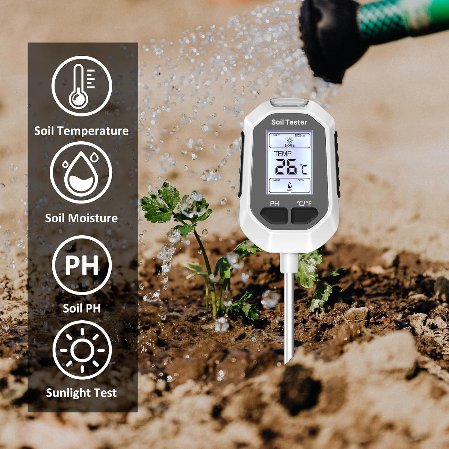 Greenhaus Gardening 4-in-1 Digital Soil Tester with LCD Display, pH, Moisture, Temperature & Light Meter