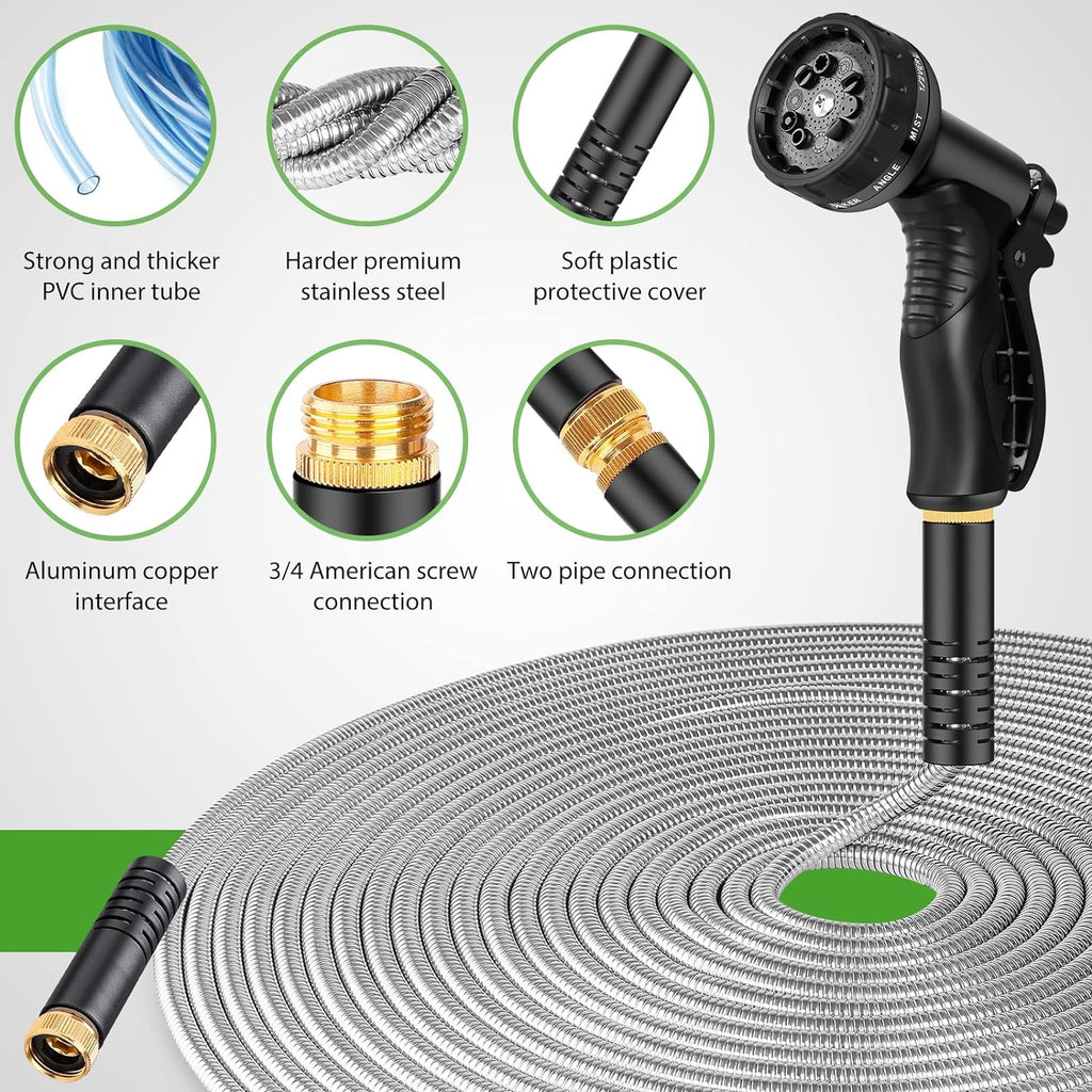 Greenhaus Gardening Heavy-Duty Stainless Steel Garden Hose with Leak-Resistant Fittings