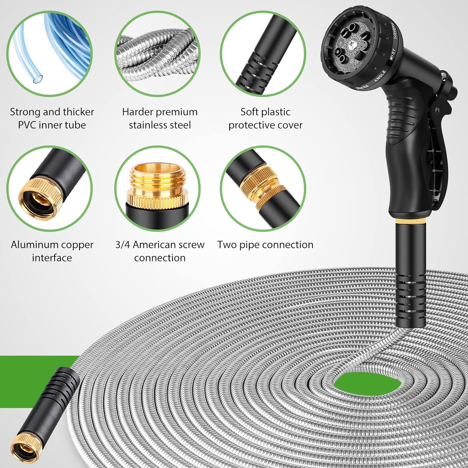 Greenhaus Gardening Heavy-Duty Stainless Steel Garden Hose with Leak-Resistant Fittings