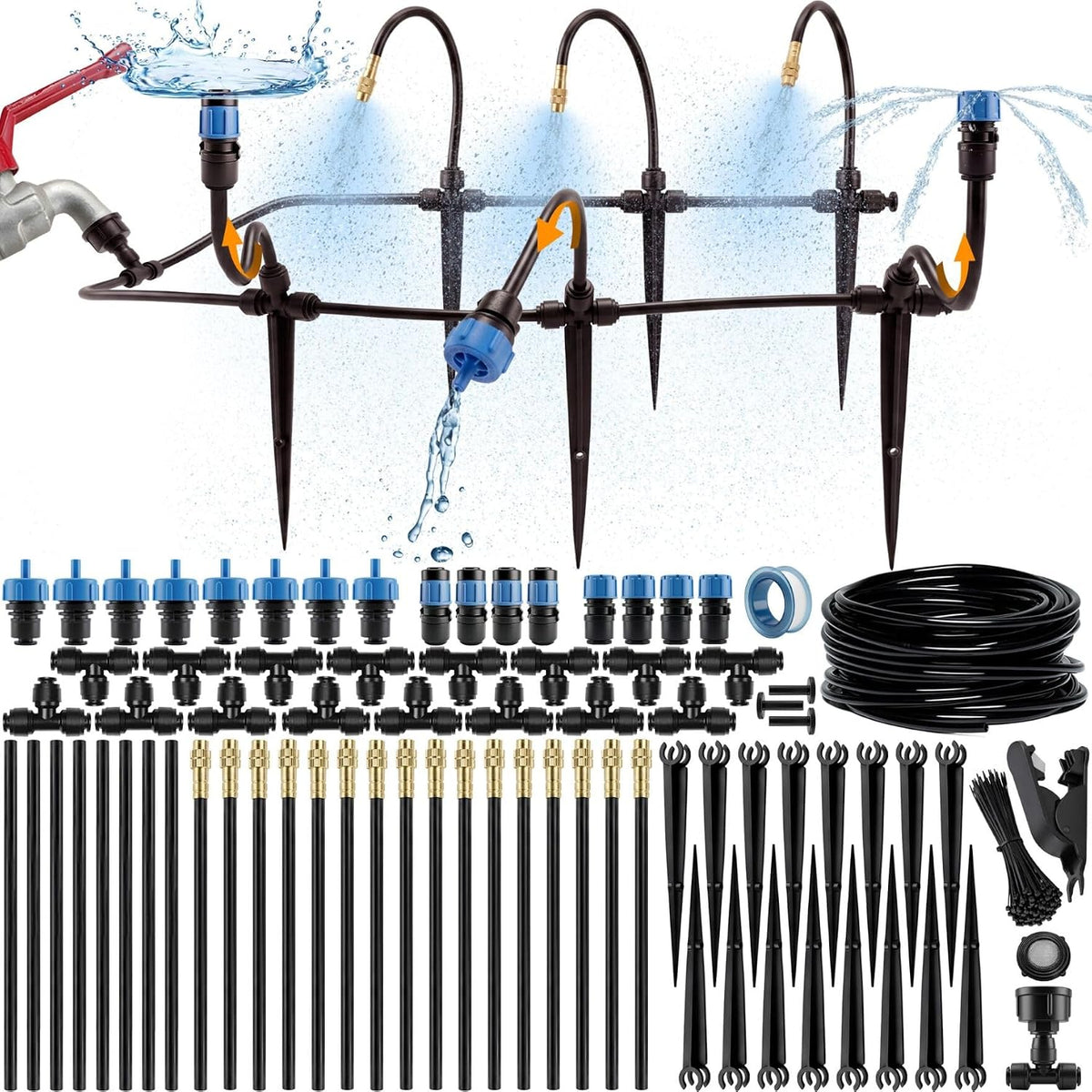 Greenhaus Gardening 100ft Drip Irrigation System Kit with Adjustable Sprinklers for Raised Beds & Gardens