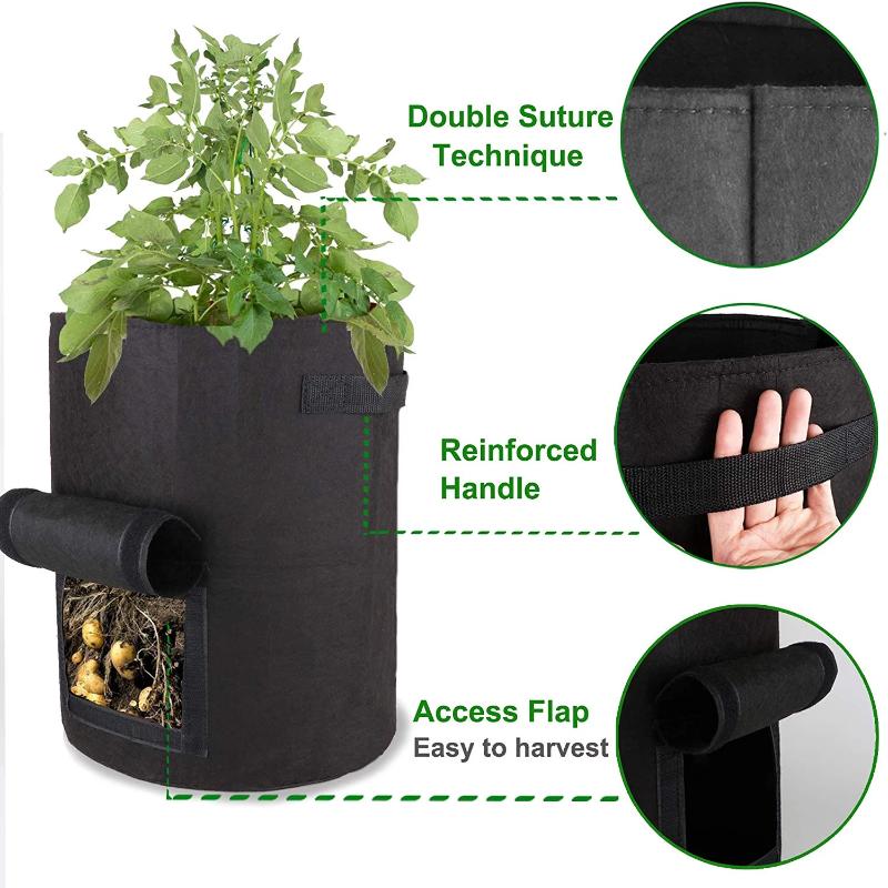 Greenhaus Gardening Black Non-Woven Grow Bags with Harvest Access Window