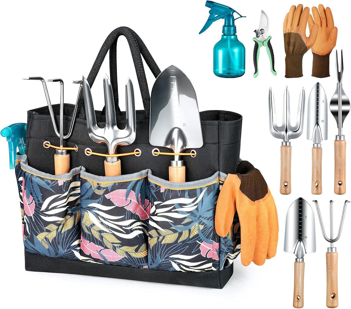 Greenhaus Gardening Premium Stainless Steel Garden Tool Set with Floral Tote & Wooden Handles