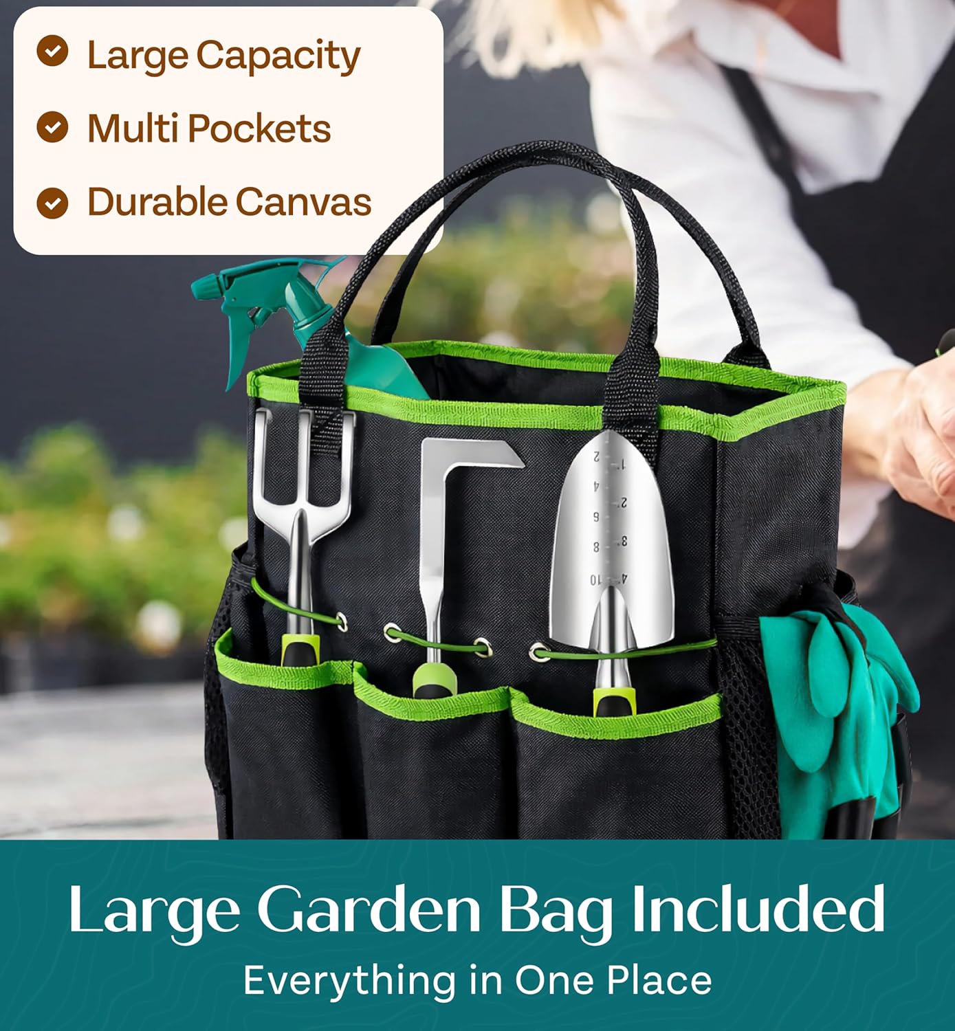 Greenhaus Gardening Garden Essentials Set with Multi-Pocket Tote, Gloves and Watering Bottle