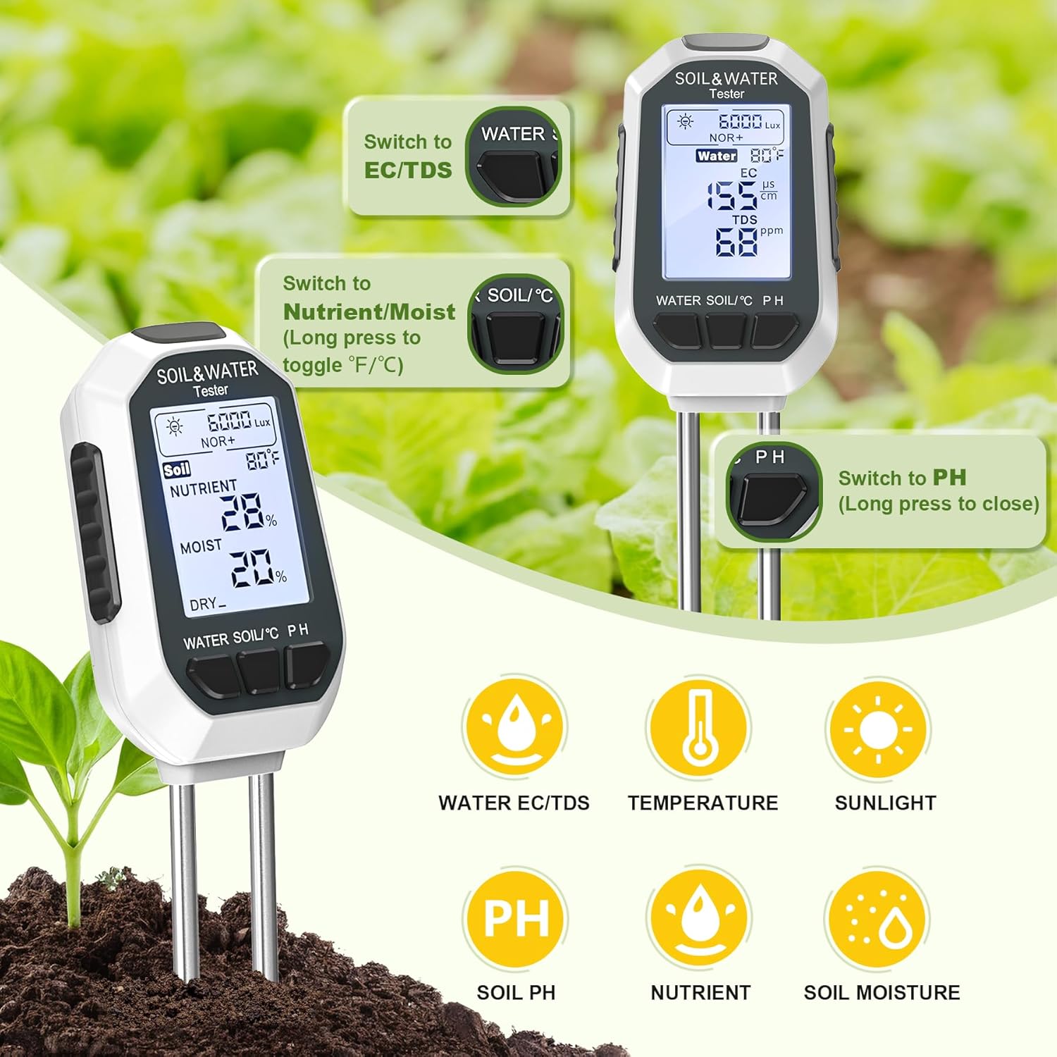 Greenhaus Gardening 7-in-1 Digital Soil Moisture Meter with pH, EC, TDS, Temperature & Light Tester