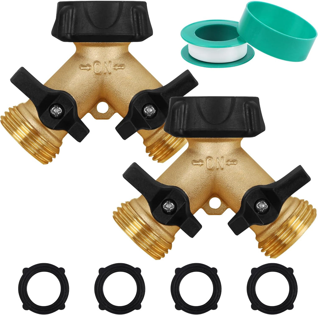 Greenhaus Gardening Heavy-Duty 2-Way Brass Garden Hose Splitter with Individual Shut-Off Valves