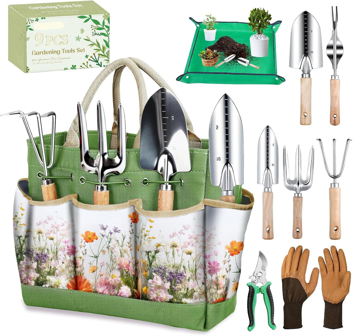 Greenhaus Gardening Premium 9-Piece Stainless Steel Garden Tool Set with Floral Tote, Gift Box & Repotting Mat
