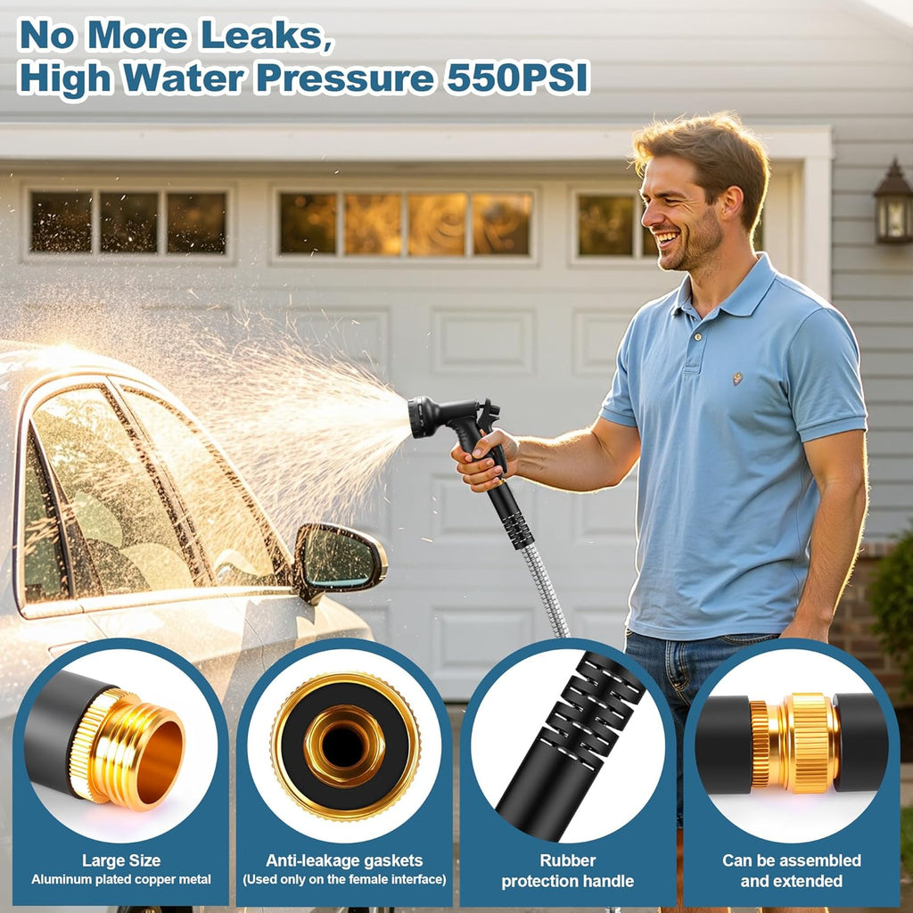 Greenhaus Gardening Heavy-Duty Stainless Steel Garden Hose with Leak-Resistant Fittings