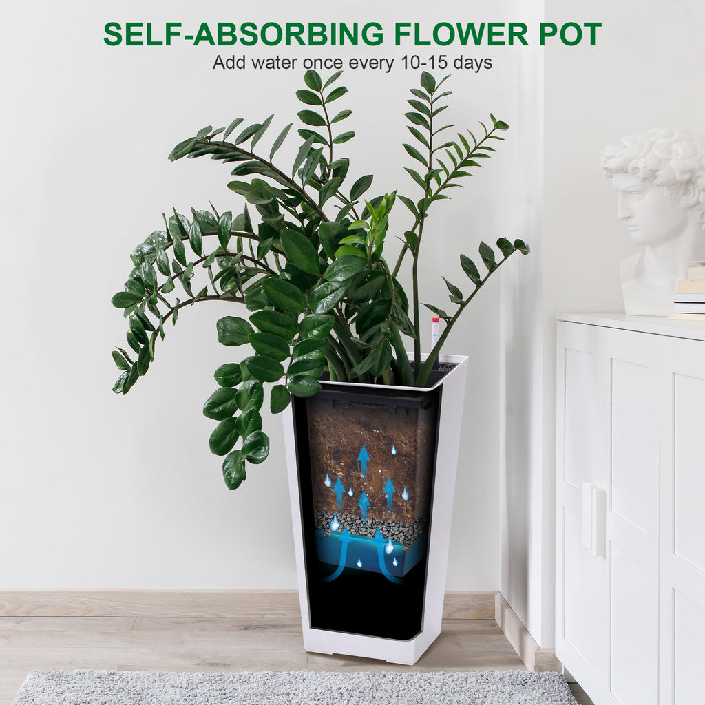 Greenhaus Gardening 23-Inch White Self-Watering Tall Planters Set of 2