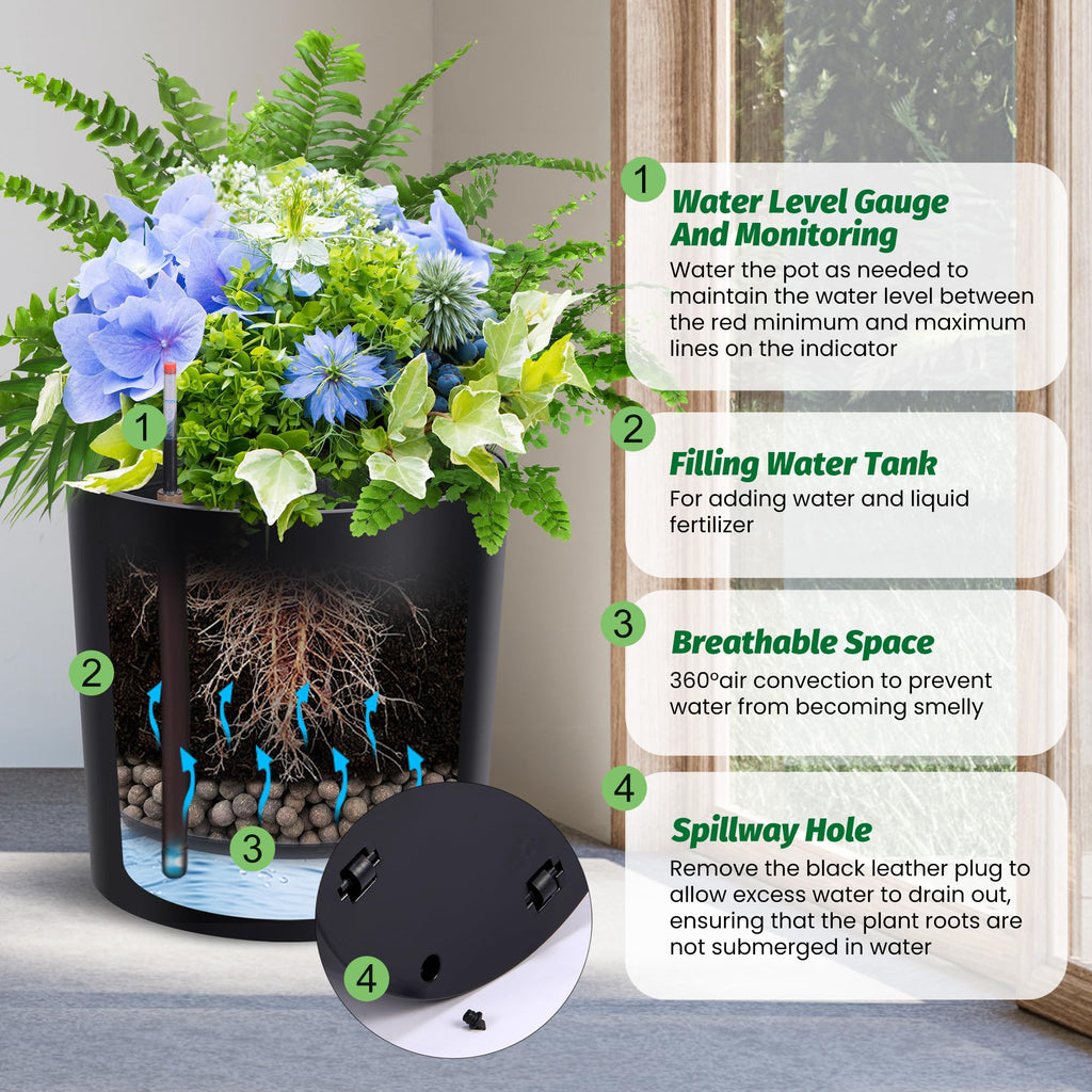 Greenhaus Gardening 20-Inch Self-Watering Round Planters Set of 2