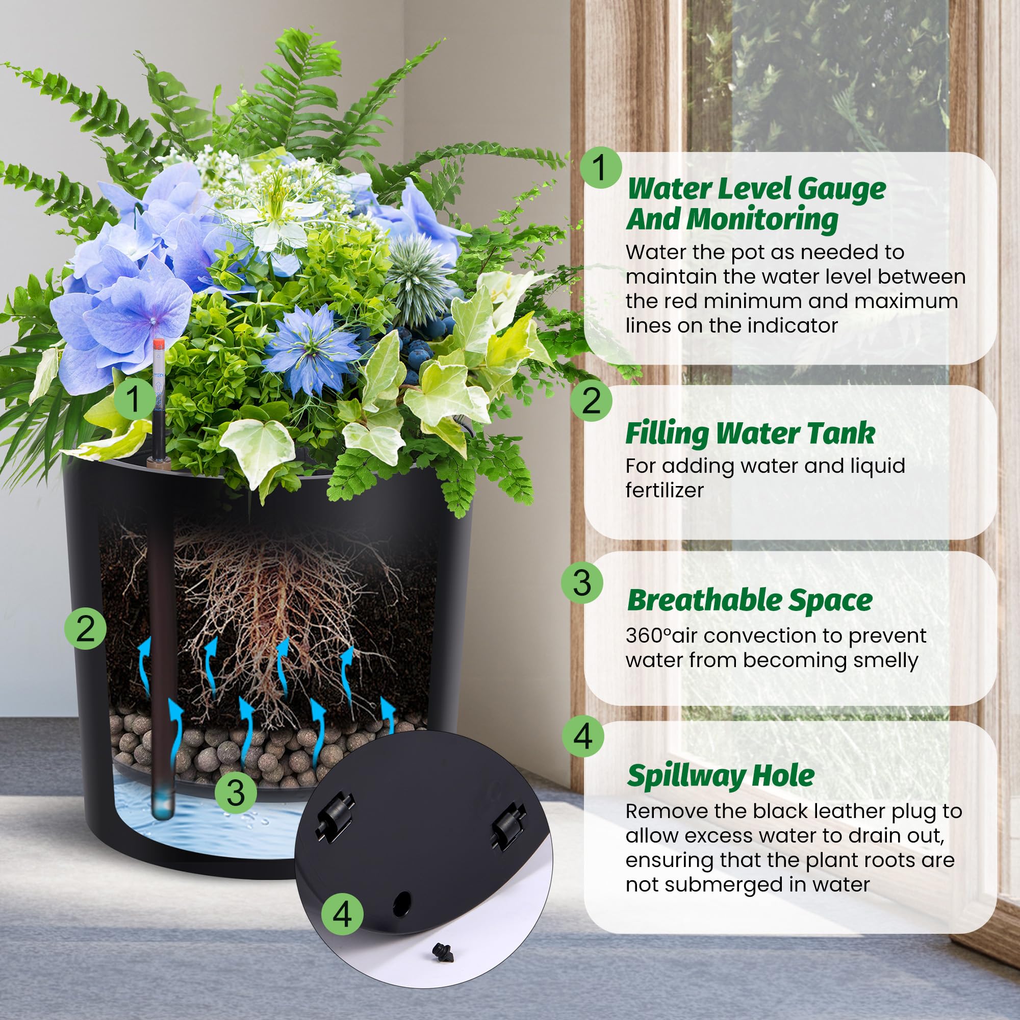 Greenhaus Gardening 20-Inch Self-Watering Round Planters Set of 2