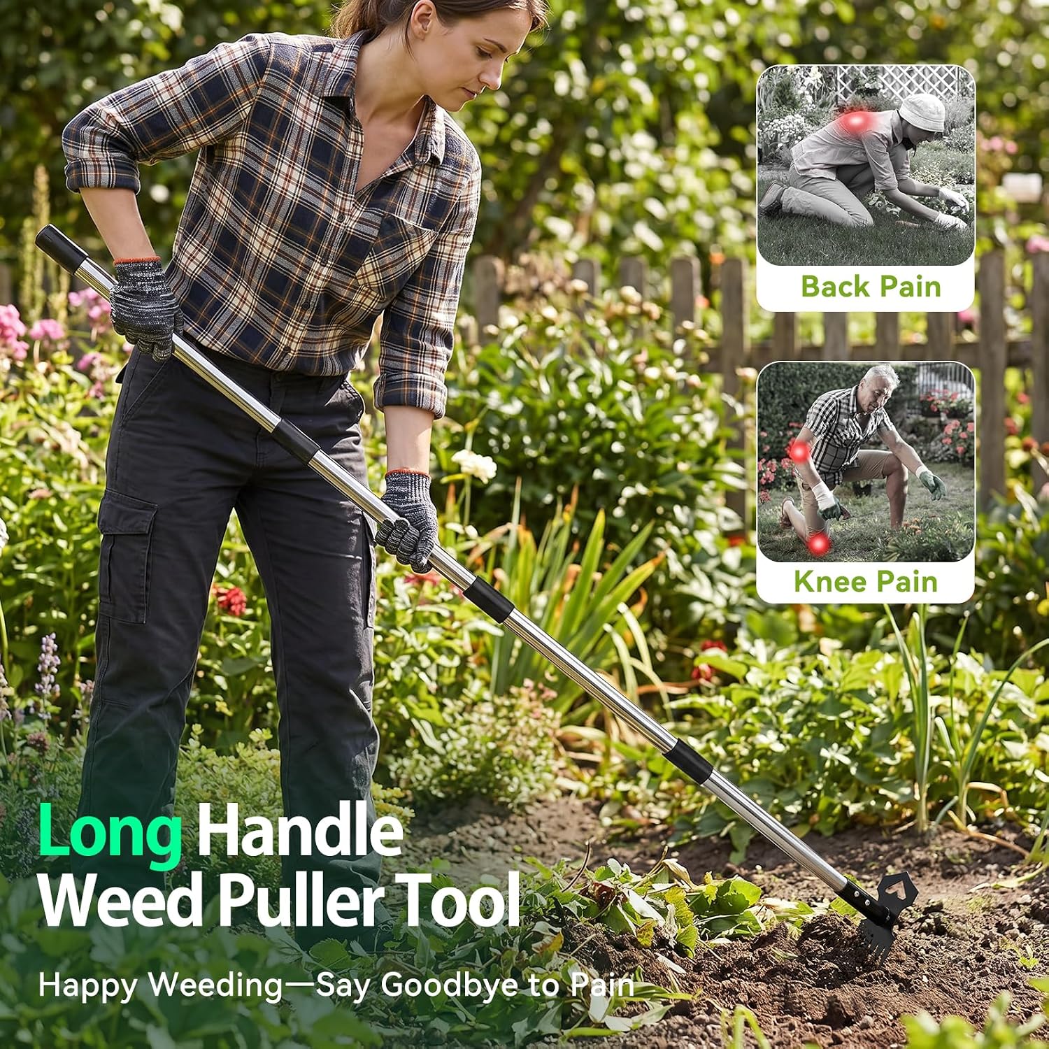 Greenhaus Gardening 60-Inch 2-in-1 Weed Puller Tool with Long Handle and Garden Hoe