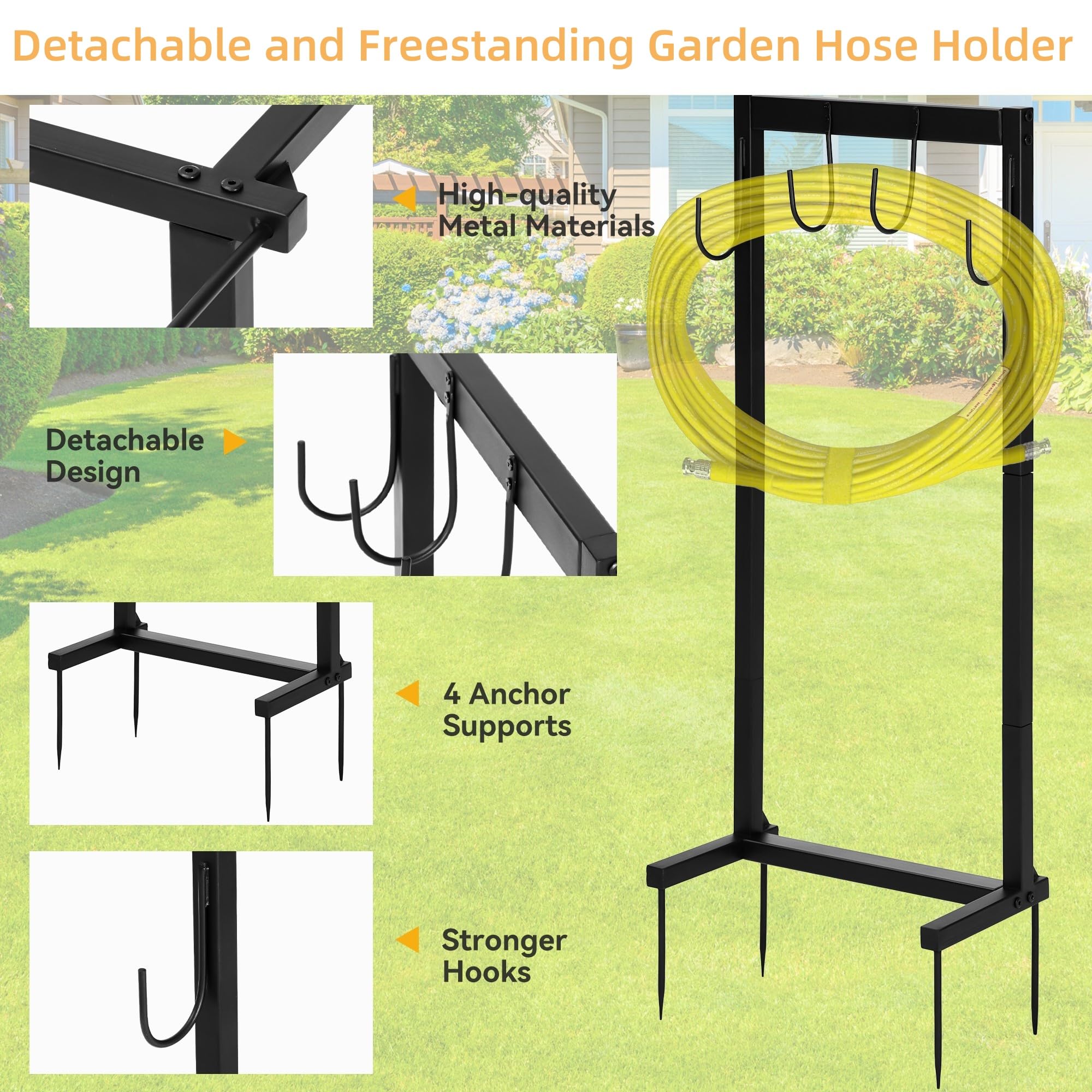 Greenhaus Gardening Garden Hose Holder Stand with 4 Hooks for Outdoor Storage
