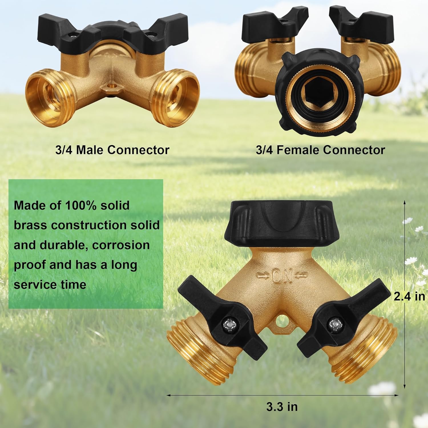 Greenhaus Gardening Heavy-Duty 2-Way Brass Garden Hose Splitter with Individual Shut-Off Valves
