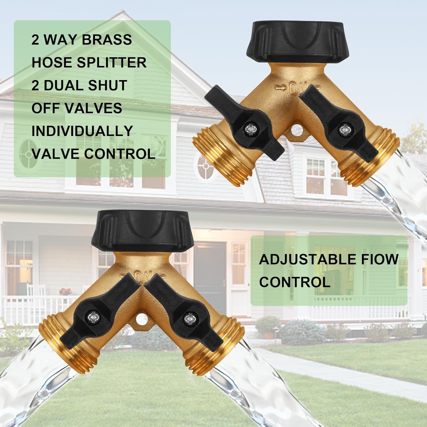 Greenhaus Gardening Heavy-Duty 2-Way Brass Garden Hose Splitter with Individual Shut-Off Valves