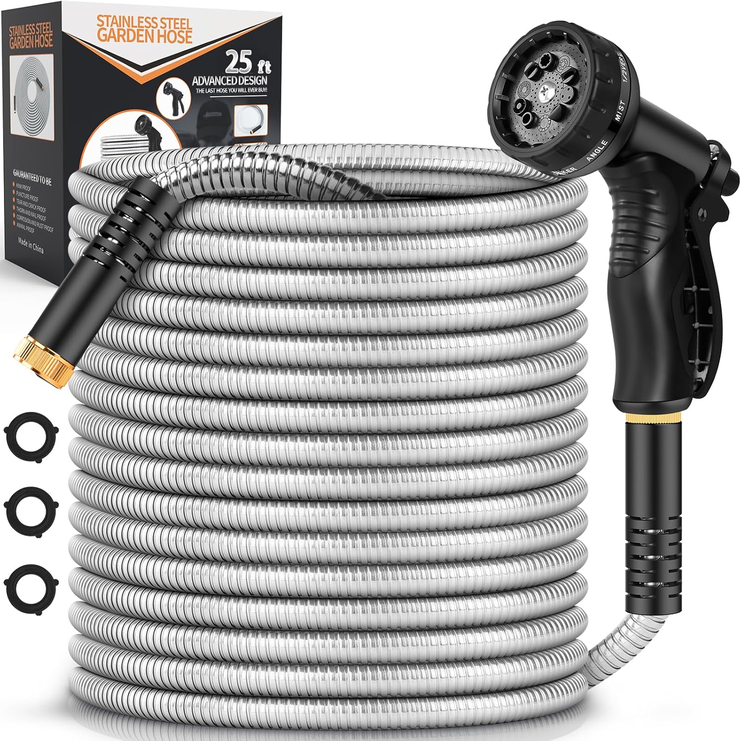 Greenhaus Gardening Heavy-Duty Stainless Steel Garden Hose with Leak-Resistant Fittings