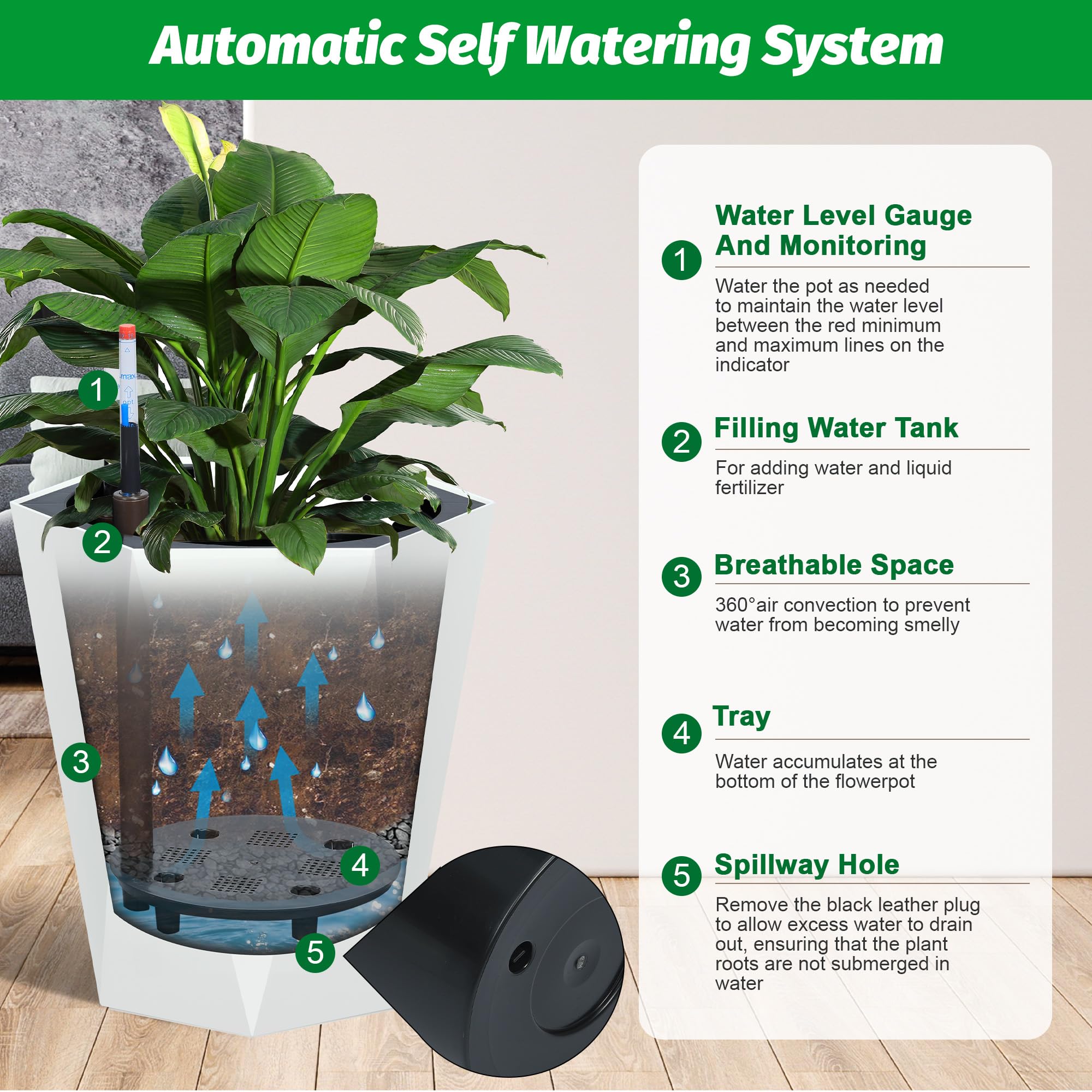 Greenhaus Gardening 16-Inch White Diamond Self-Watering Planters Set of 2