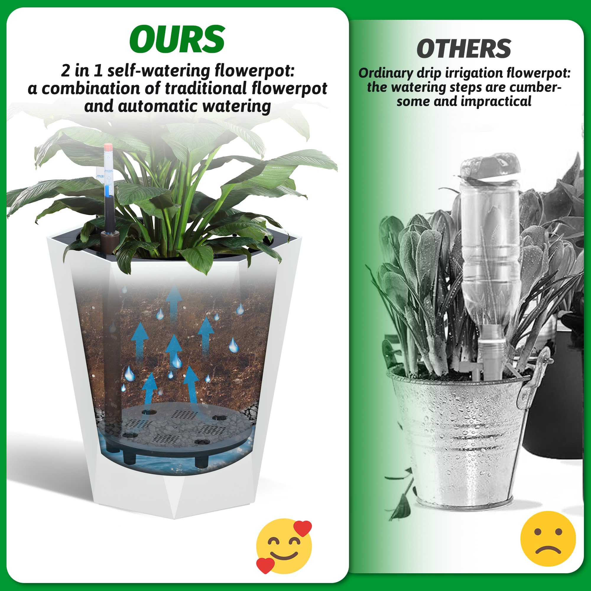 Greenhaus Gardening 16-Inch White Diamond Self-Watering Planters Set of 2