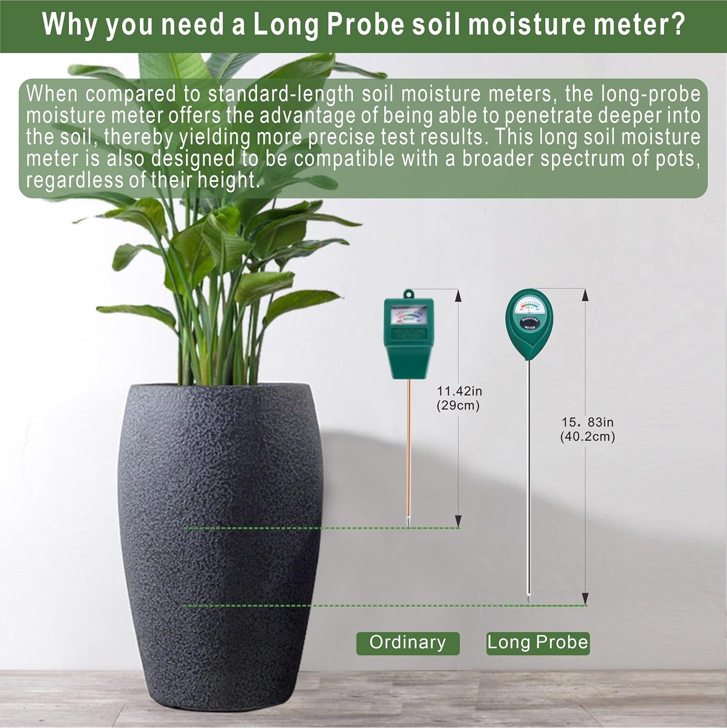 Greenhaus Gardening Long Probe Soil Moisture Meter for Indoor & Outdoor Plants