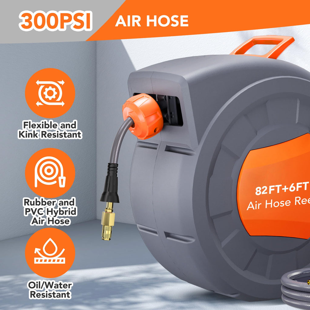 Greenhaus Gardening 82 ft Retractable Air Hose Reel with Auto Rewind & 180° Swivel Bracket
