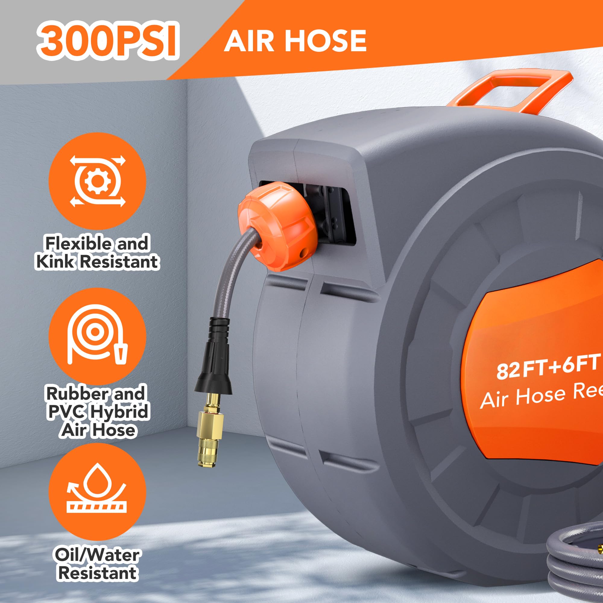 Greenhaus Gardening 82 ft Retractable Air Hose Reel with Auto Rewind & 180° Swivel Bracket