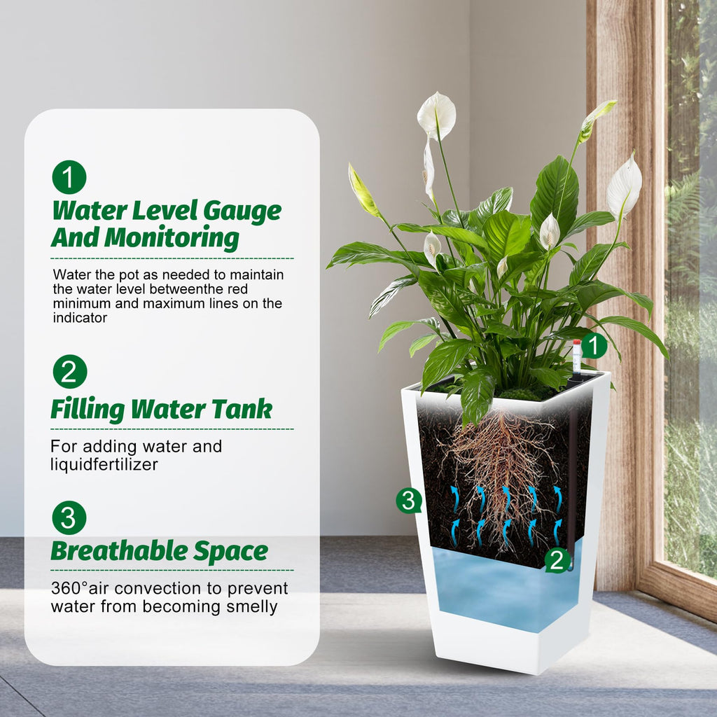 Greenhaus Gardening 16-Inch White Rectangular Self-Watering Planters Set of 2