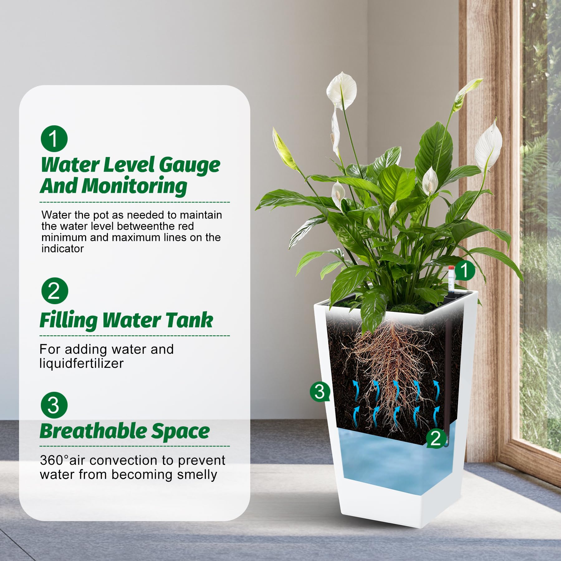 Greenhaus Gardening 16-Inch White Rectangular Self-Watering Planters Set of 2