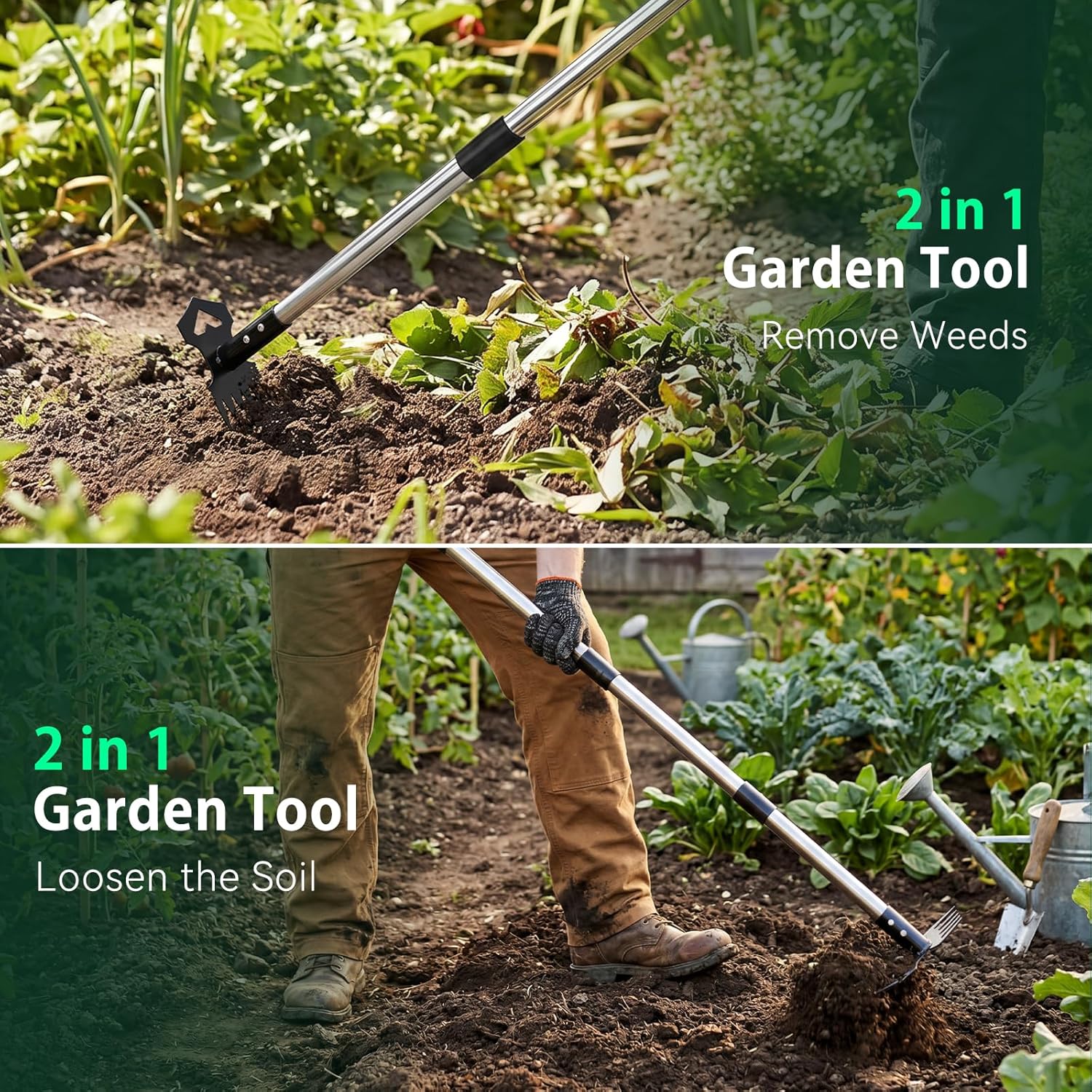 Greenhaus Gardening 60-Inch 2-in-1 Weed Puller Tool with Long Handle and Garden Hoe