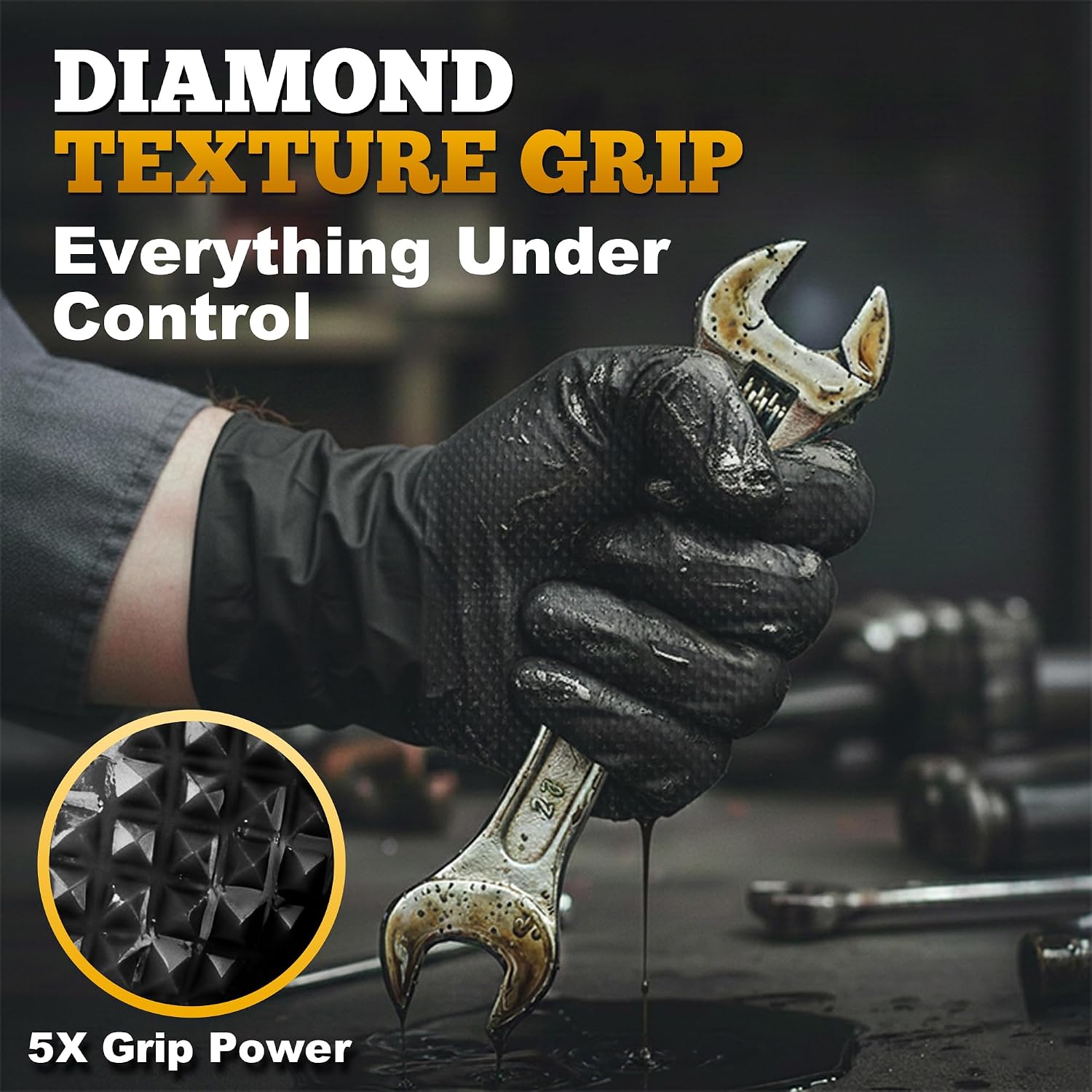Greenhaus Gardening Heavy-Duty Black Nitrile Work Gloves with Diamond Grip, 6 Mil/8 Mil