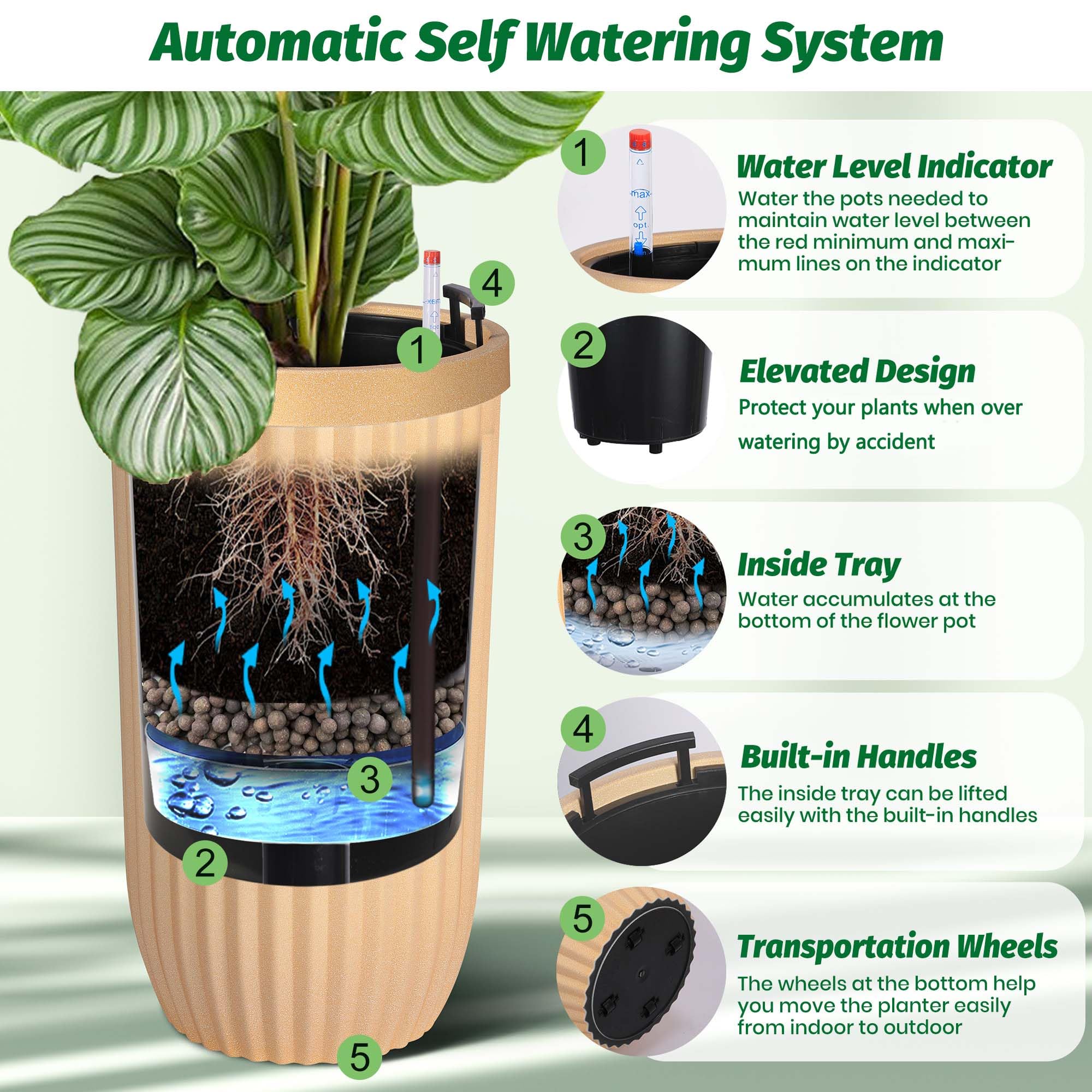 Greenhaus Gardening 23-Inch Self-Watering Tall Planters Set of 2