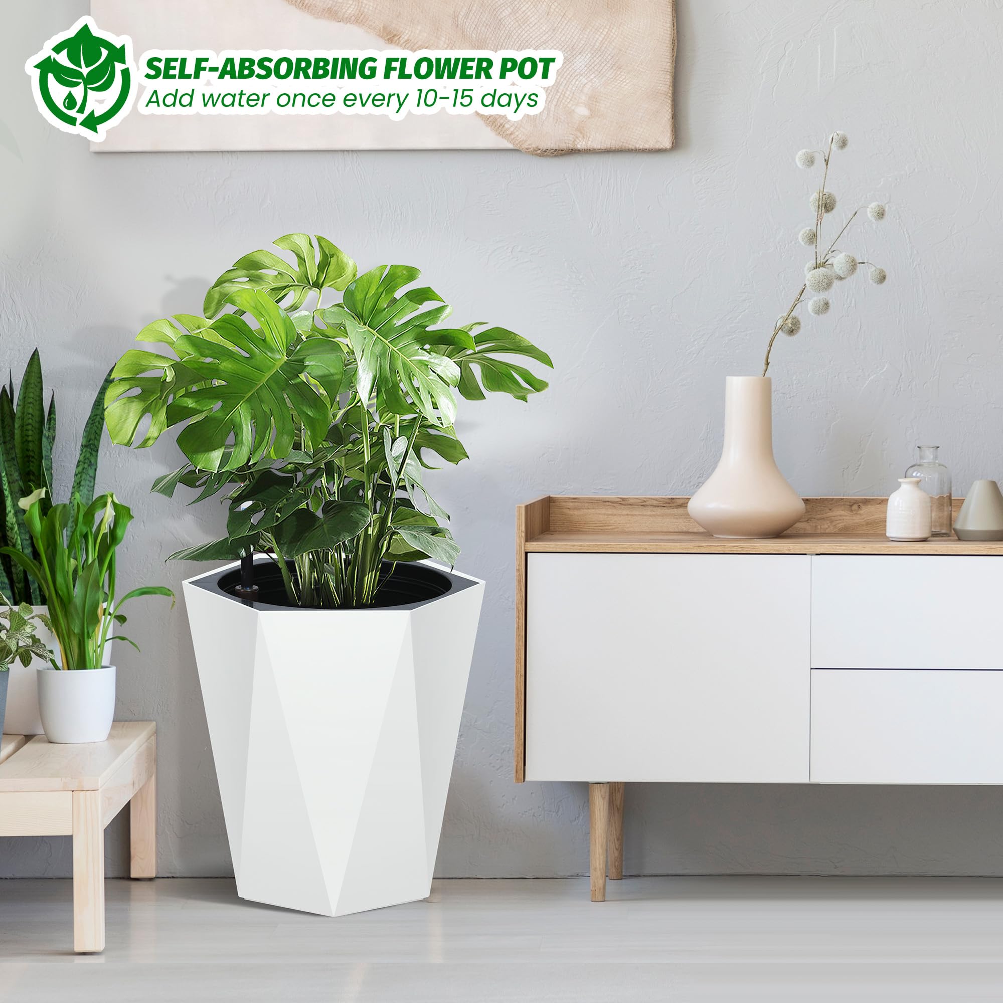 Greenhaus Gardening 16-Inch White Diamond Self-Watering Planters Set of 2