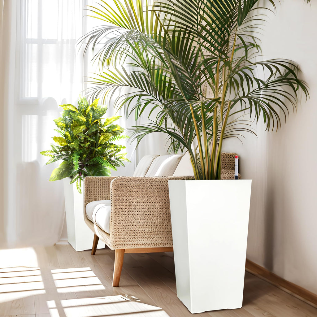 Greenhaus Gardening 23-Inch White Self-Watering Tall Planters Set of 2