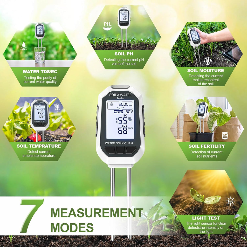 Greenhaus Gardening 7-in-1 Digital Soil Moisture Meter with pH, EC, TDS, Temperature & Light Tester