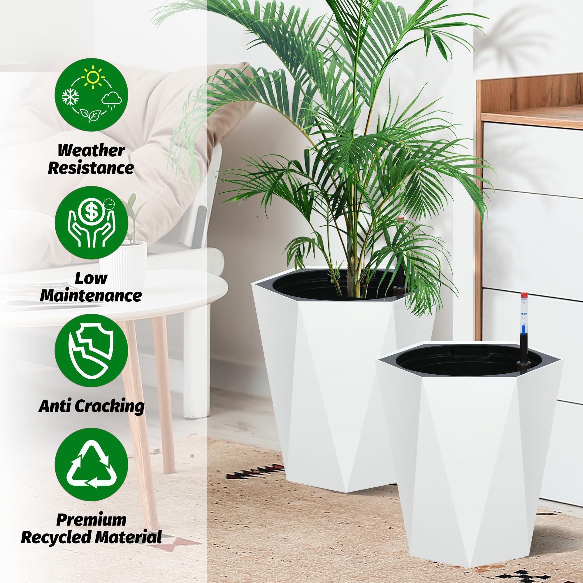 Greenhaus Gardening 16-Inch White Diamond Self-Watering Planters Set of 2