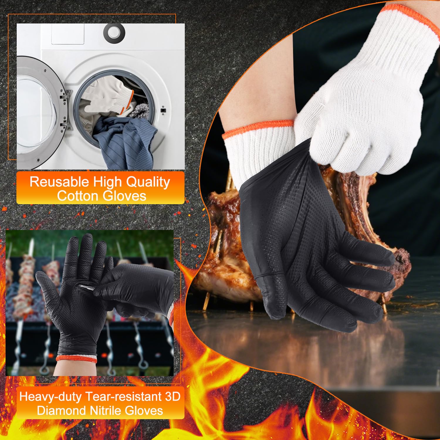 Greenhaus Gardening BBQ Gloves Set with 10 Mil Nitrile Gloves & Cotton Liners