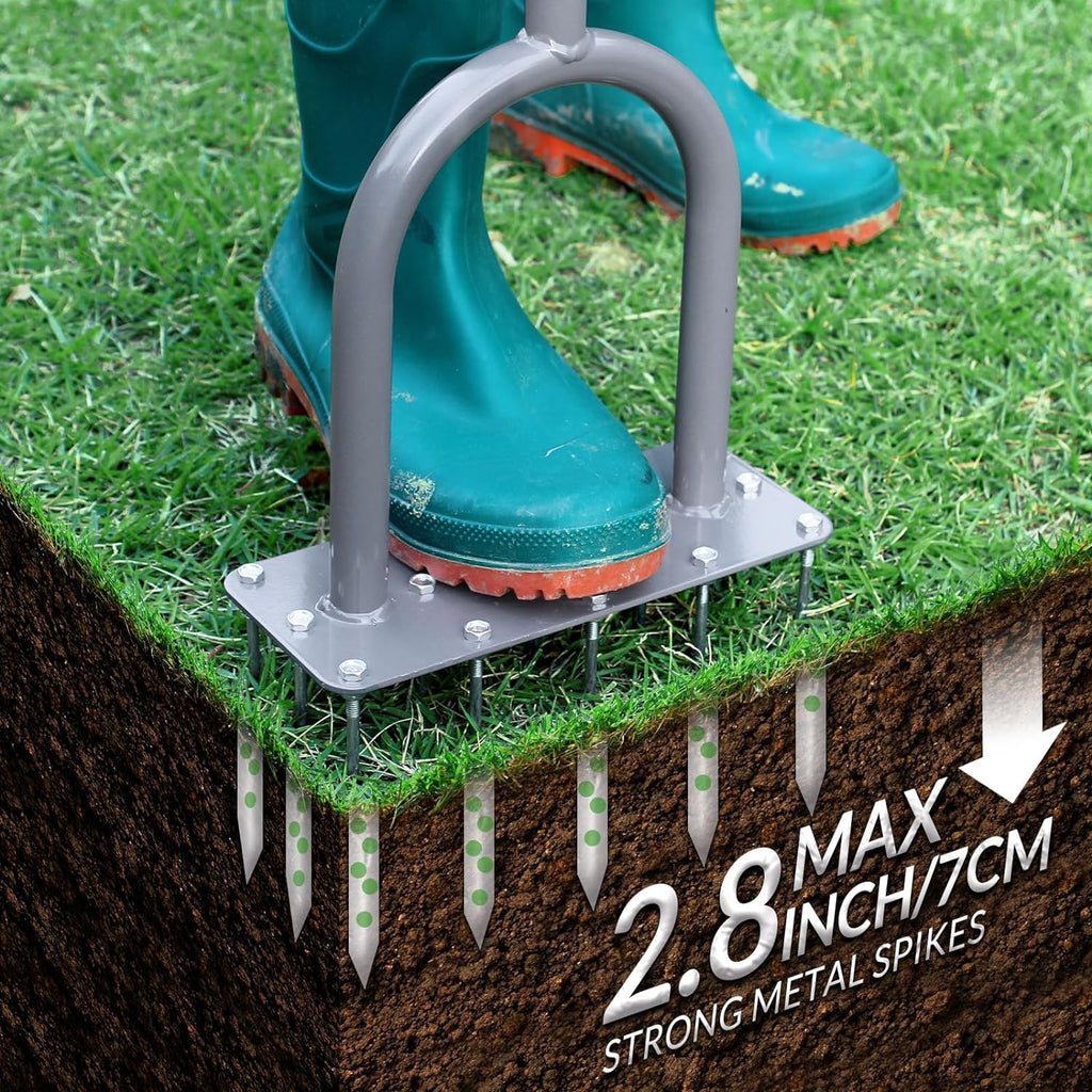 Greenhaus Gardening Manual Lawn Aerator with 15 Iron Spikes and Cushioned T-Handle