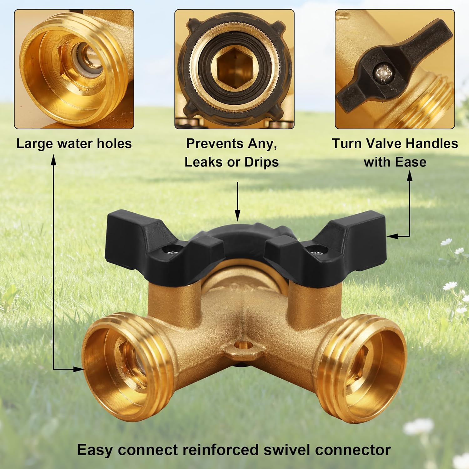 Greenhaus Gardening Heavy-Duty 2-Way Brass Garden Hose Splitter with Individual Shut-Off Valves