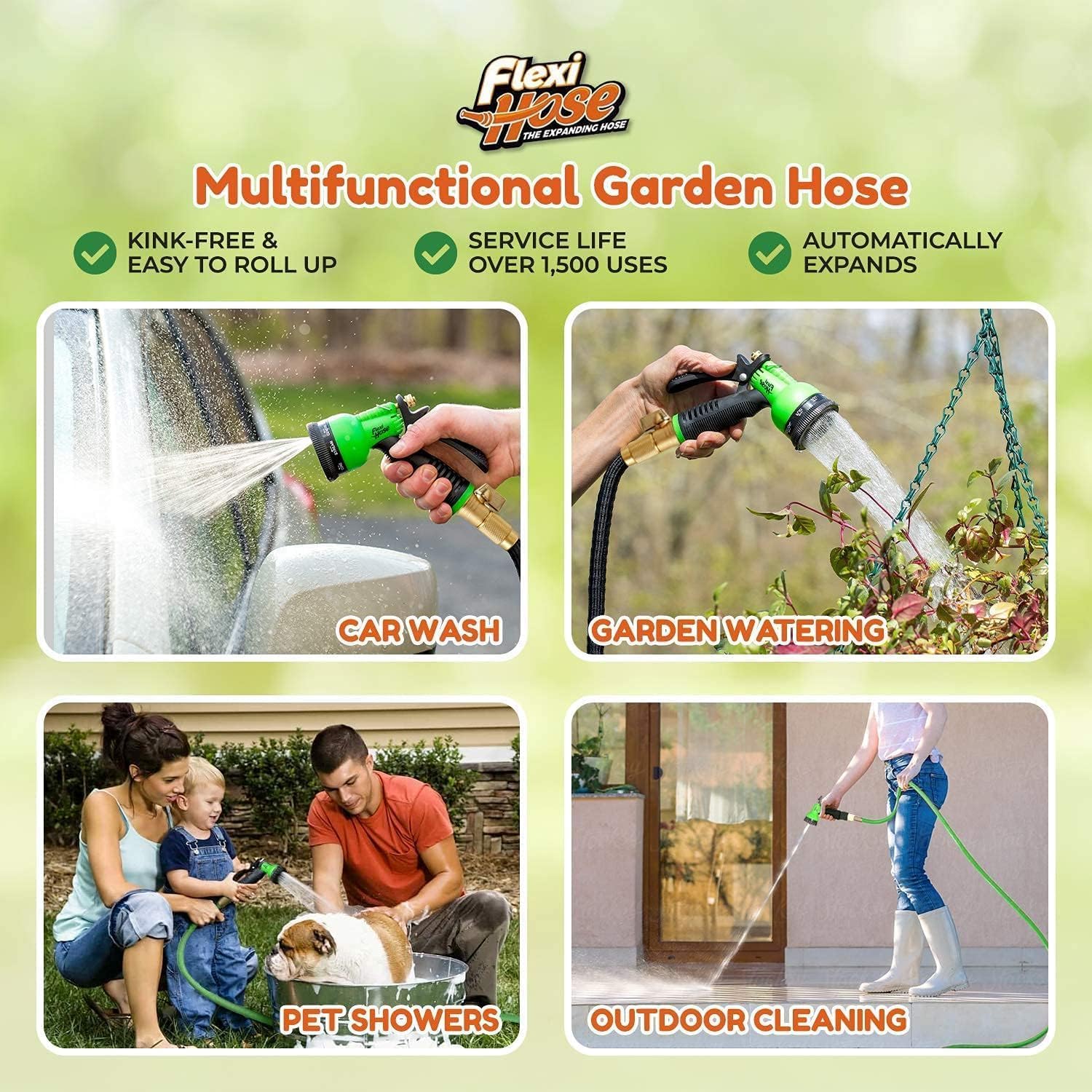 Greenhaus Gardening Flexible Expandable Garden Hose with Brass Connectors and Spray Nozzle