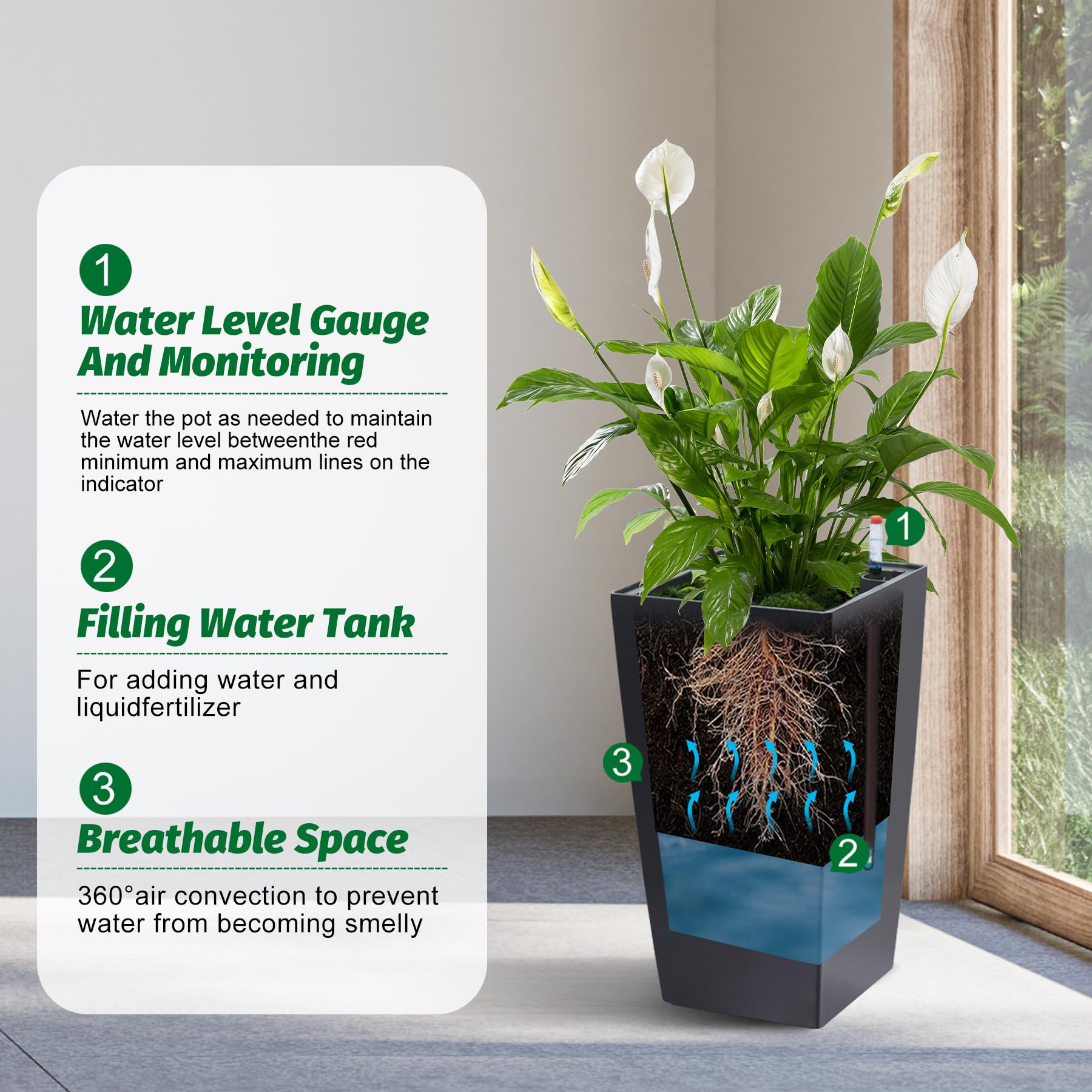 Greenhaus Gardening 21.6 in Self-Watering Rectangular Planters Set of 2 with Water Level Monitor