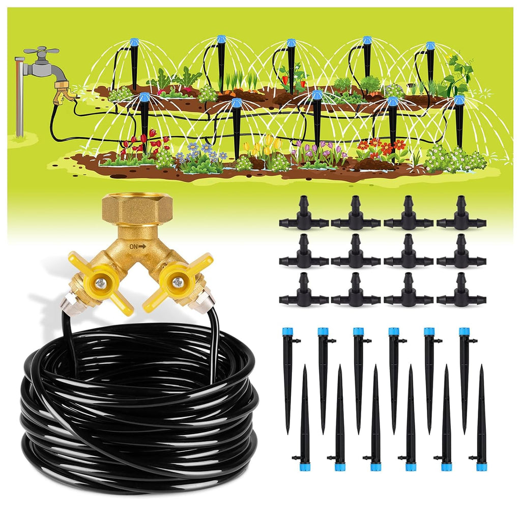 Greenhaus Gardening Complete Drip Irrigation System Kit with Adjustable Emitters, Brass Splitter & Flexible Tubing
