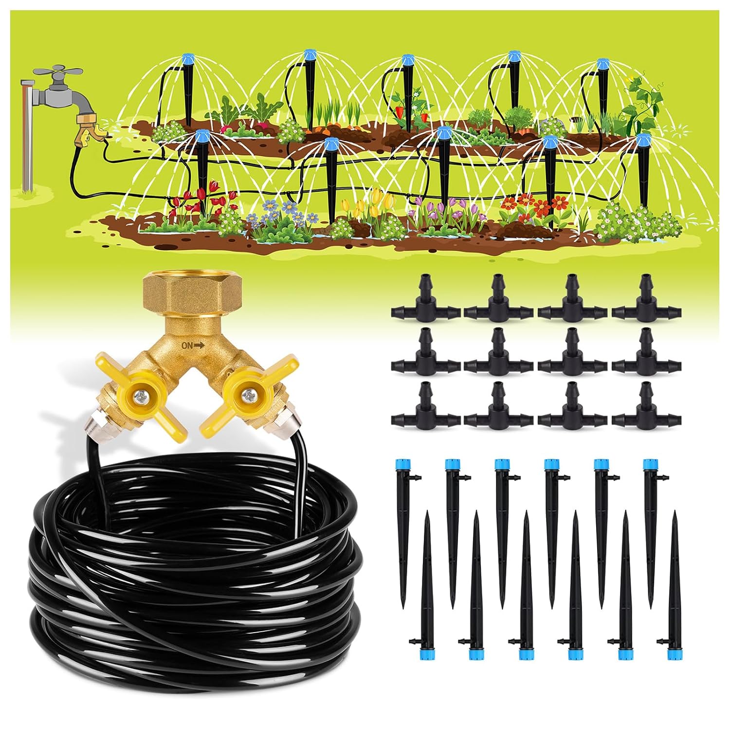Greenhaus Gardening Complete Drip Irrigation System Kit with Adjustable Emitters, Brass Splitter & Flexible Tubing