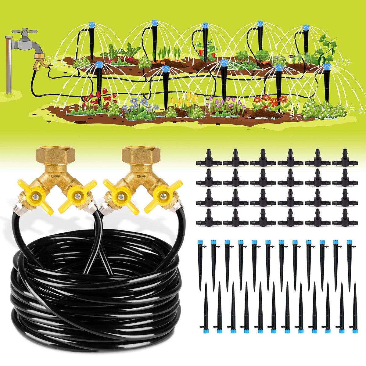 Greenhaus Gardening Complete Drip Irrigation System Kit with Adjustable Emitters, Brass Splitter & Flexible Tubing