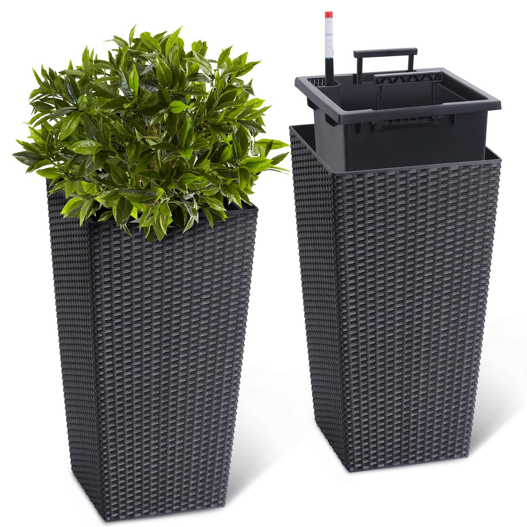 Greenhaus Gardening 23-Inch Black Rattan Self-Watering Planters Set of 2