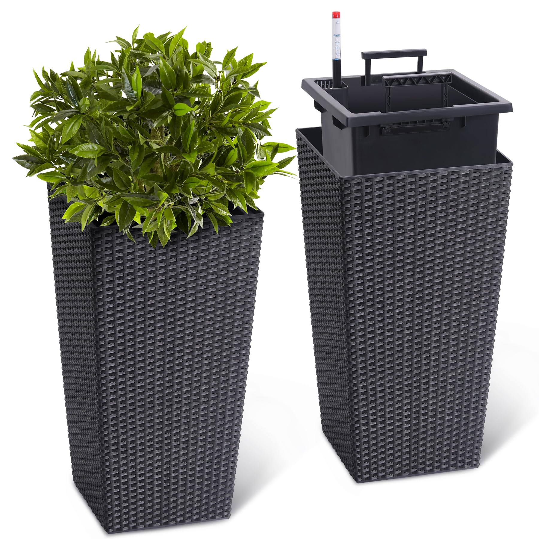 Greenhaus Gardening 23-Inch Black Rattan Self-Watering Planters Set of 2